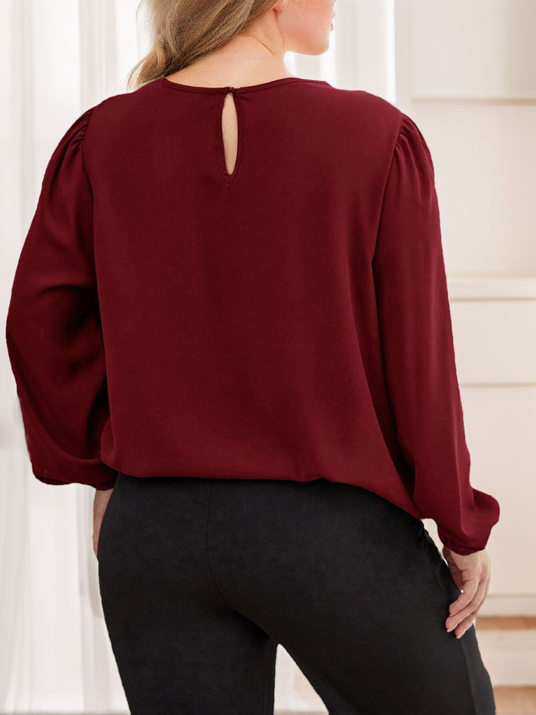 [Plus Size] Burgundy 1940s Pleated Long Sleeve Blouse