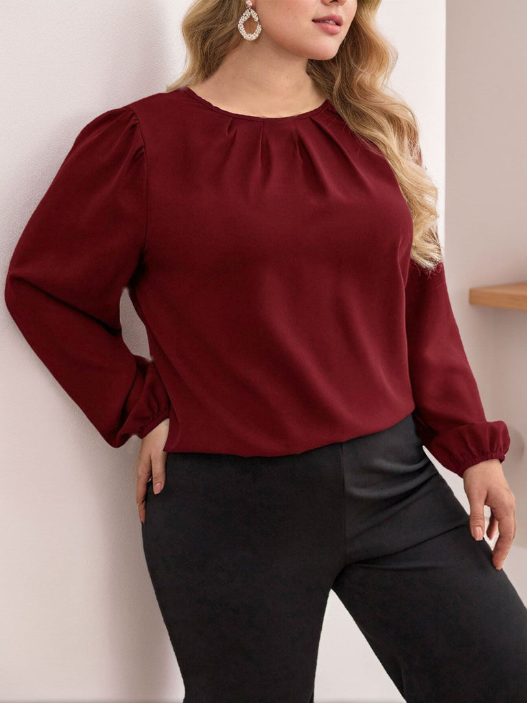 [Plus Size] Burgundy 1940s Pleated Long Sleeve Blouse