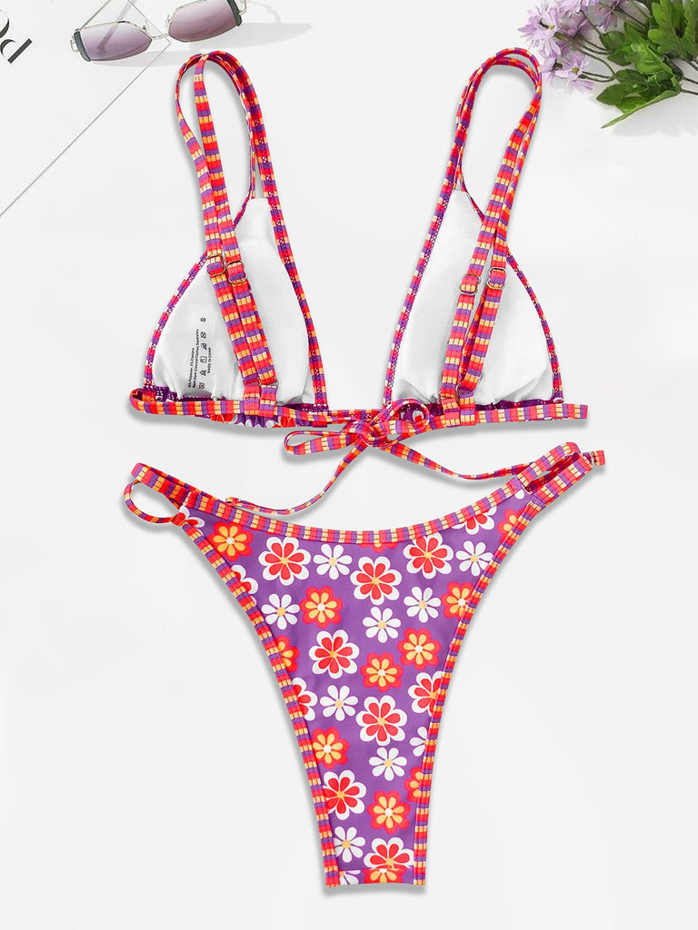 Pink 1960s Floral Print Lace-Up Boho Bikini Set