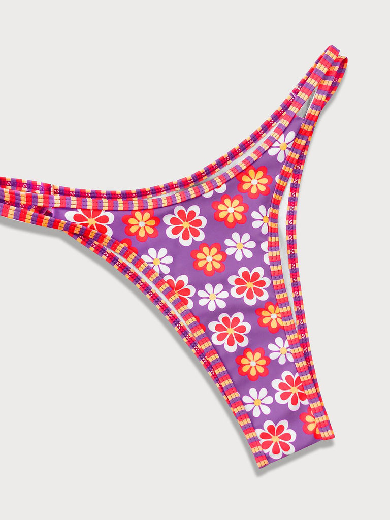 Pink 1960s Floral Print Lace-Up Boho Bikini Set