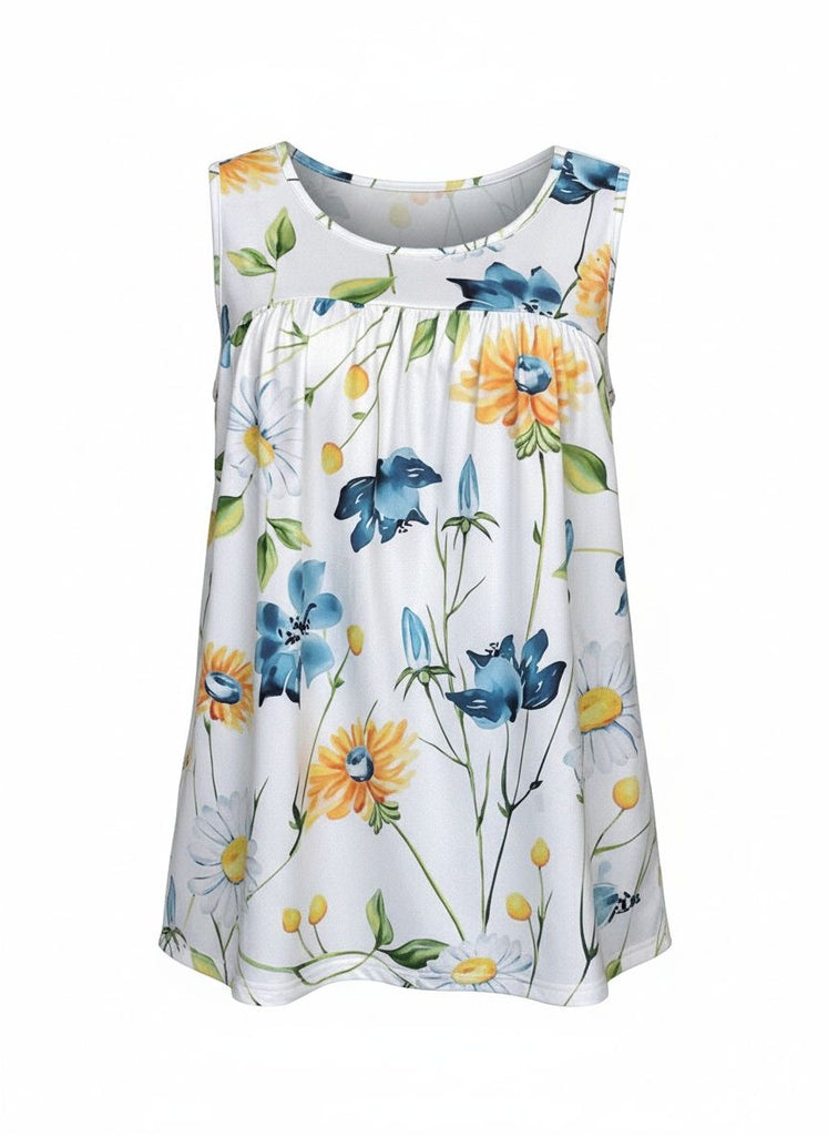 [Plus Size] White 1960s Round Neck Floral Babydoll Tank Top