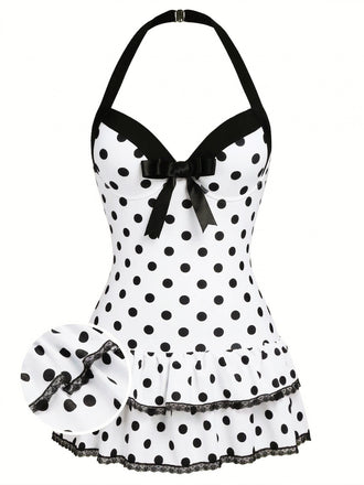 [Pre-Sale] White 1940s Halter Polka Dots Bow One-Piece Swimsuit