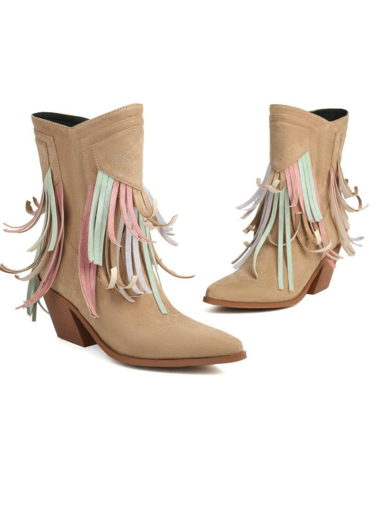 Vintage Tassel Mid Heel Flannelette Boots