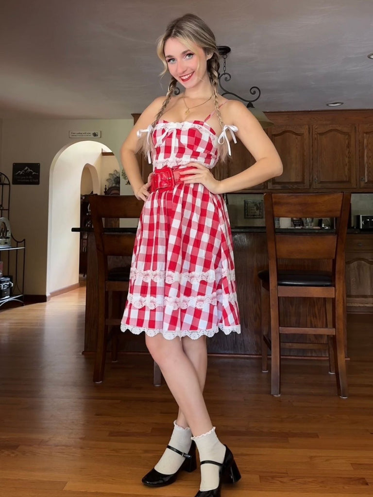 Red 1950s Plaid Lace Bow Strap Dress