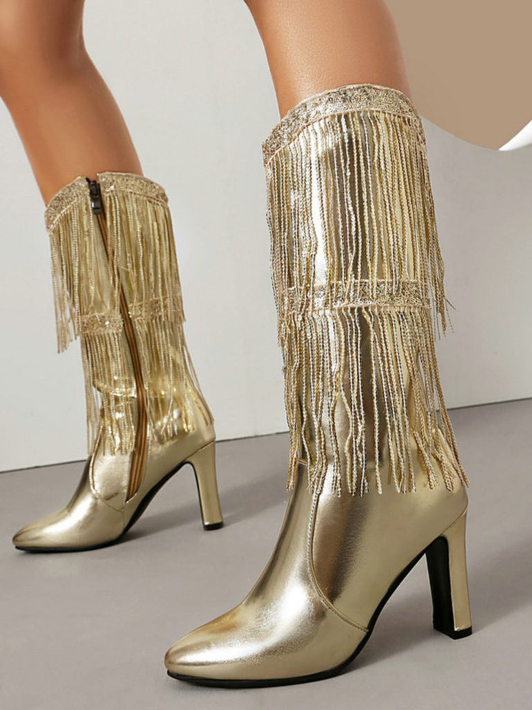Metallic Pointed-toe Fringe Block-heel High Boots
