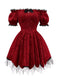 Red 1970s Gothic Lace Bow Off Shoulder Dress