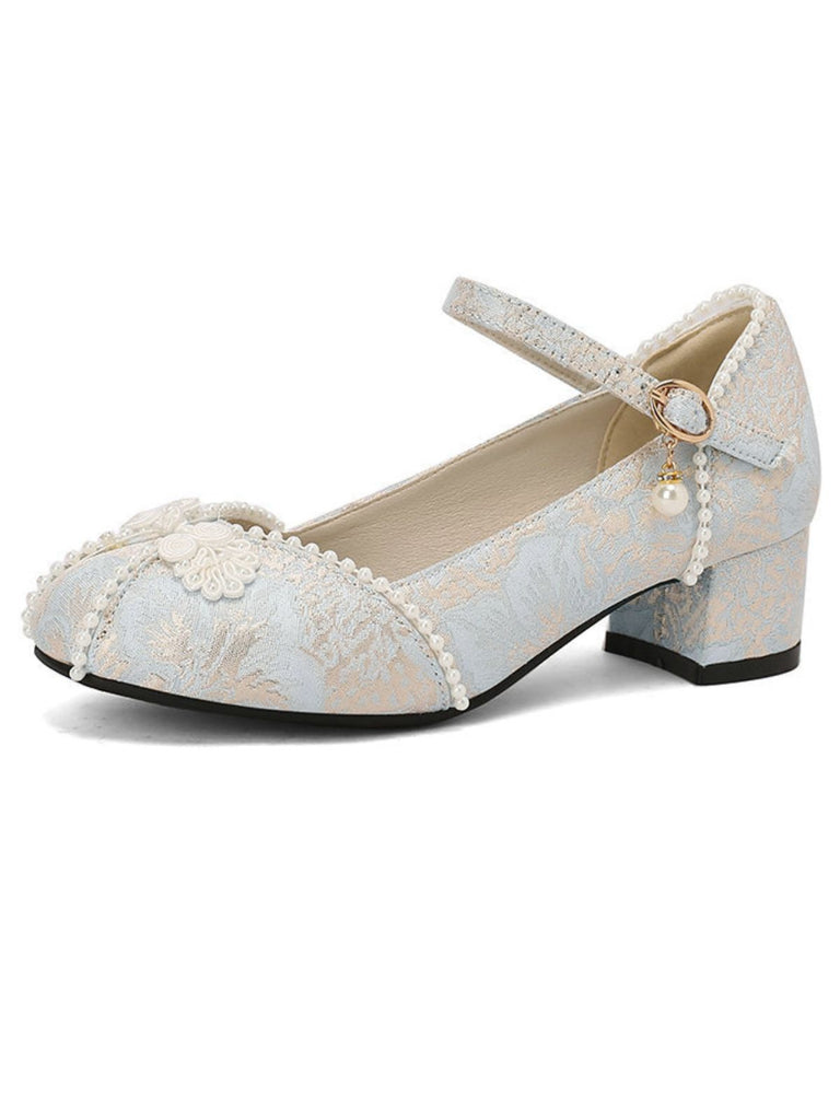 Floral Jacquard Pearl Mary Jane High Heels