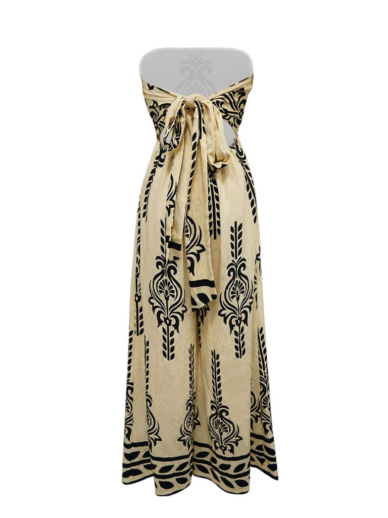 1970s Strapless Boho Tribal Printed Wide-Leg Jumpsuit