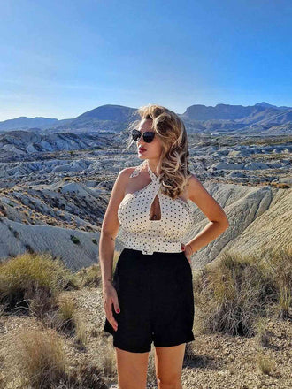 Beige 1950s 3D Heart Halter Patchwork Romper