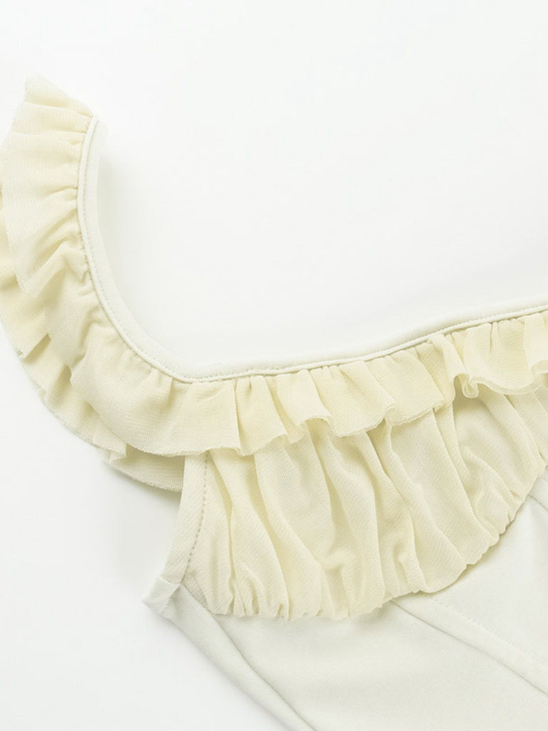 1960s Mesh Patchwork Ruffled Corset Camisole