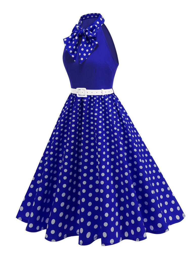 1950s Bow Tie Neck Polka Dot Belted Dress