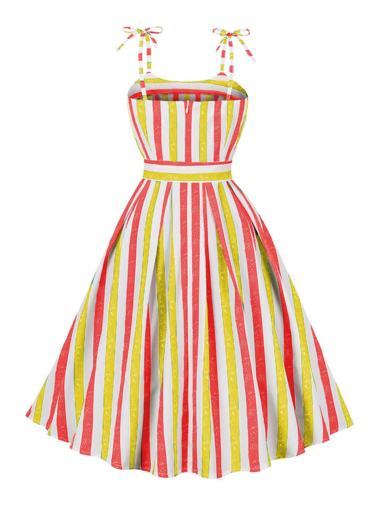 Pink 1950s Shoulder Tie Belted Stripes Dress