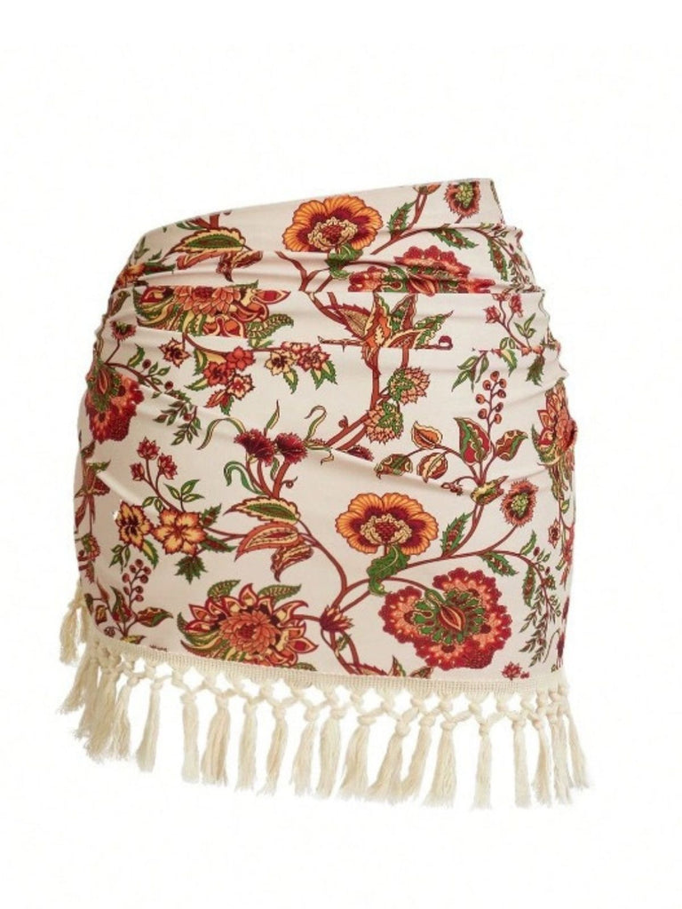 2PCS 1960s Deep V-Neck Fringe Swimsuit & Cover-Up