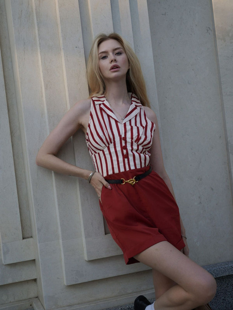 Brick Red 1940s Striped Lapel Romper