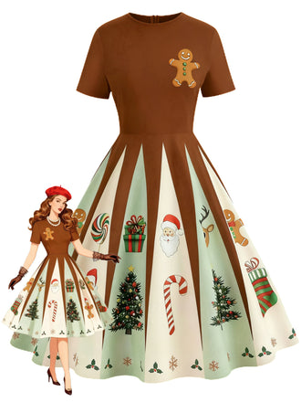 [Pre-Sale] Brown 1950s Christmas Gingerbread Swing Dress