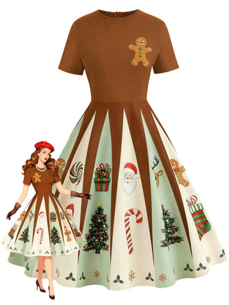 [Pre-Sale] Brown 1950s Christmas Gingerbread Swing Dress