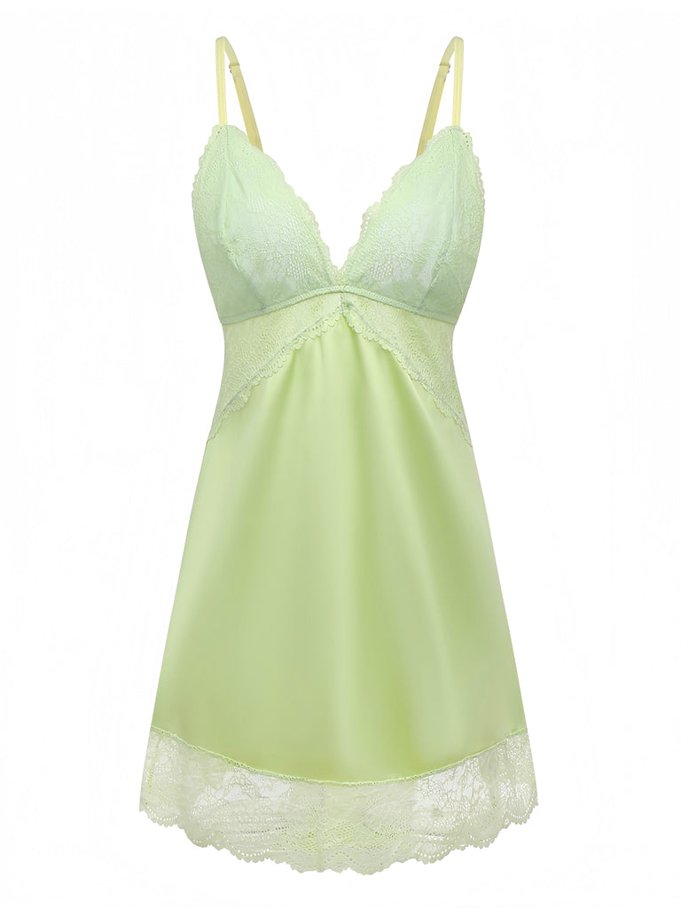 Green 1960s Lace Satin V-Neck Spaghetti Strap Nightgown