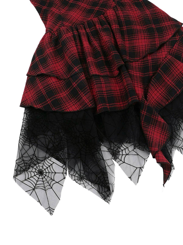 Red 1970s Spiderweb Mesh Tartan Strapless Dress