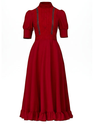 Red 1940s X Prequel Pearl Lace Ruffed Hem Dress