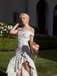 Blue 1930s Off-Shoulder Floral Ruffles Hem Dress