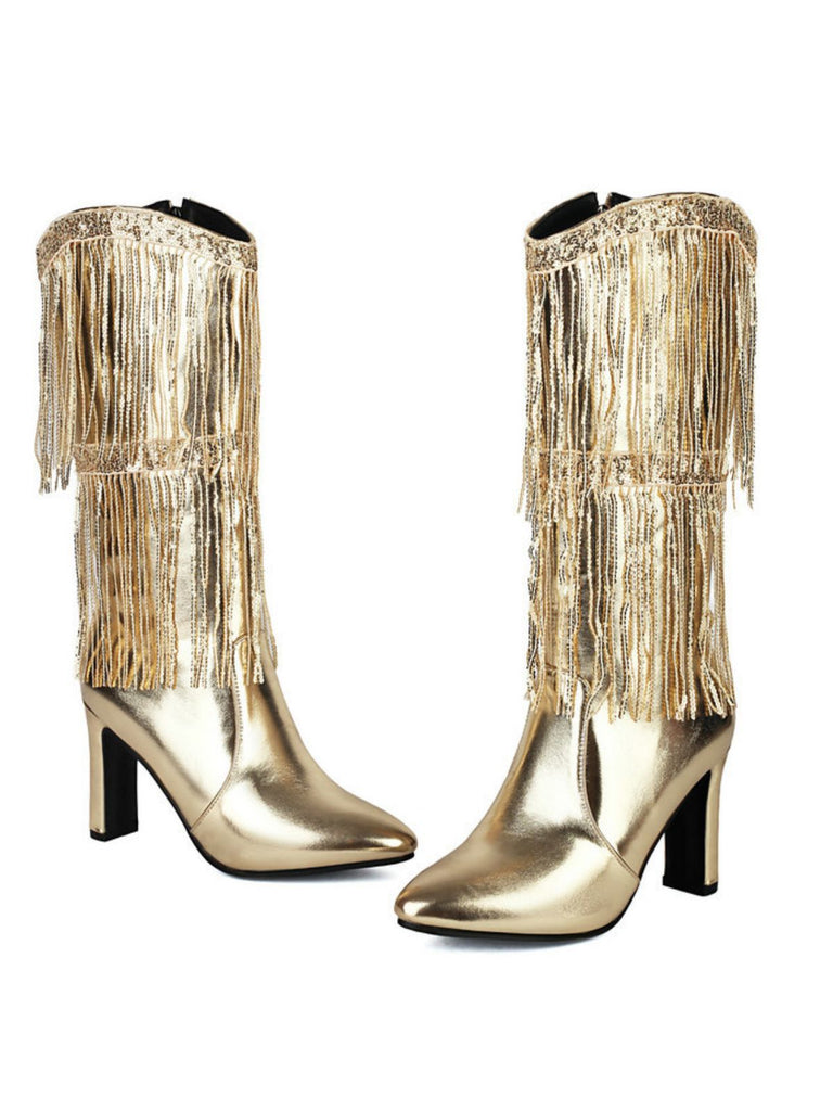 Metallic Pointed-toe Fringe Block-heel High Boots