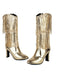 Metallic Pointed-toe Fringe Block-heel High Boots