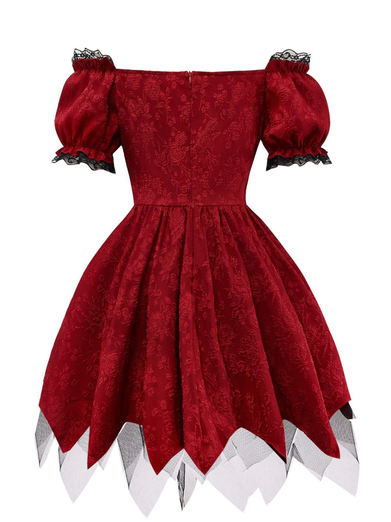 Red 1970s Gothic Lace Bow Off Shoulder Dress
