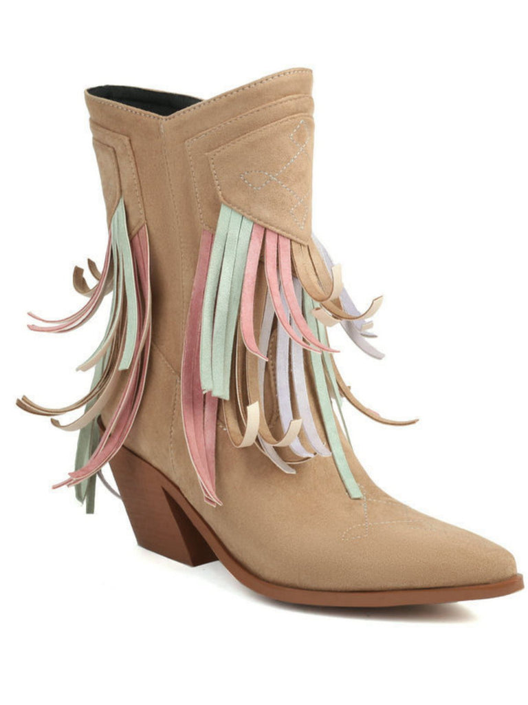 Vintage Tassel Mid Heel Flannelette Boots