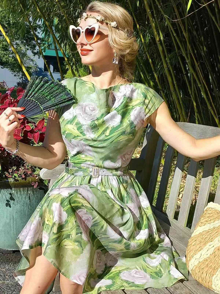 Green 1960s Oil-Painting Rose Dress