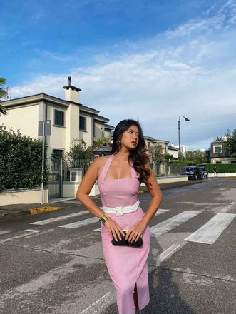 Pink 1960s Halter Stripes Belted Bodycon Dress