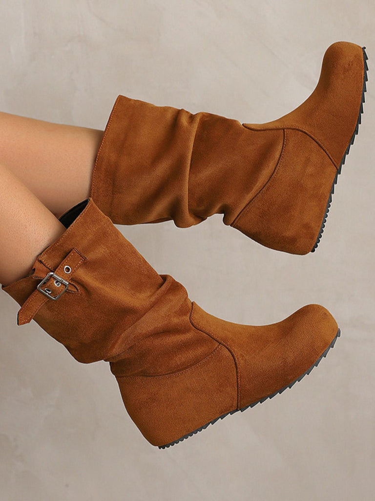Suede Wedge Buckle Detail Boots