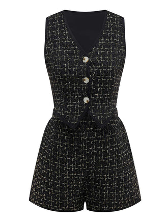 2PCS Black 1970s Tweed Plaids Vest & Shorts