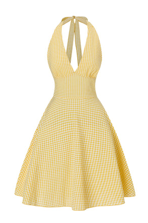 Yellow 1960s Halter V-Neck Plaids Dress