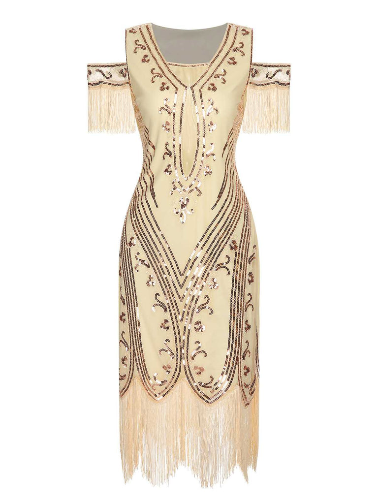 1920s Cold Shoulder Embroidered Fringe Sequins Dress — a 1920s silhouette that turns sidewalks into runways