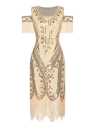 She slips into this 1920s Cold Shoulder Embroidered Fringe Sequins Dress and suddenly it's a 1920s daydream