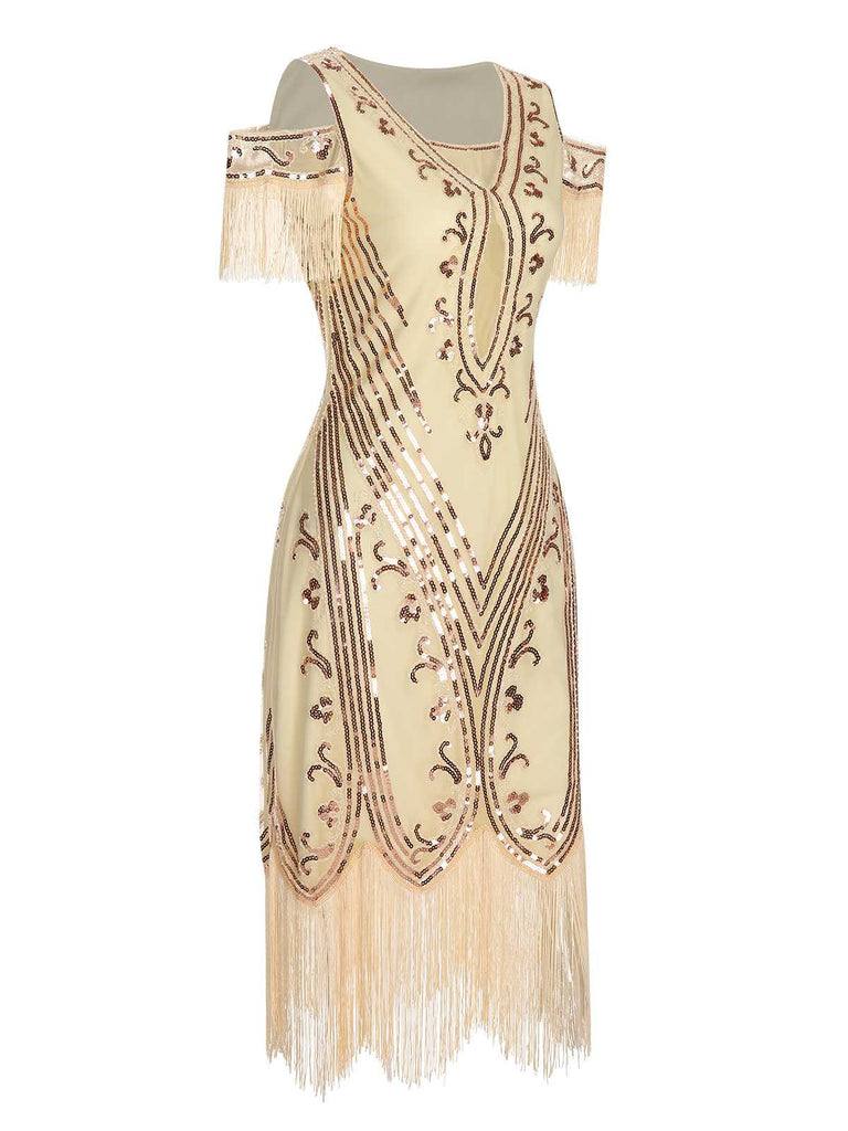 1920s Cold Shoulder Embroidered Fringe Sequins Dress: where 1920s romance meets her modern spirit