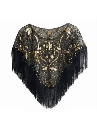 She throws on this 1920s Crew Neck Sequined Tassel Cape and the city feels like 1920s Paris