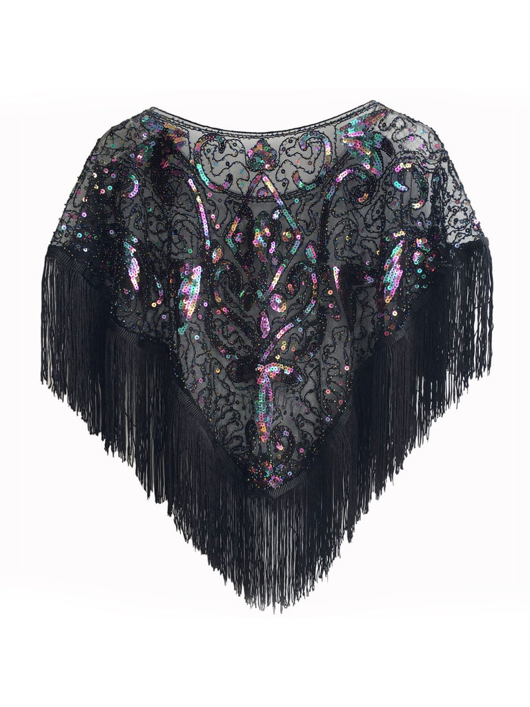 1920s Crew Neck Sequined Tassel Cape — 1920s style that speaks before she does