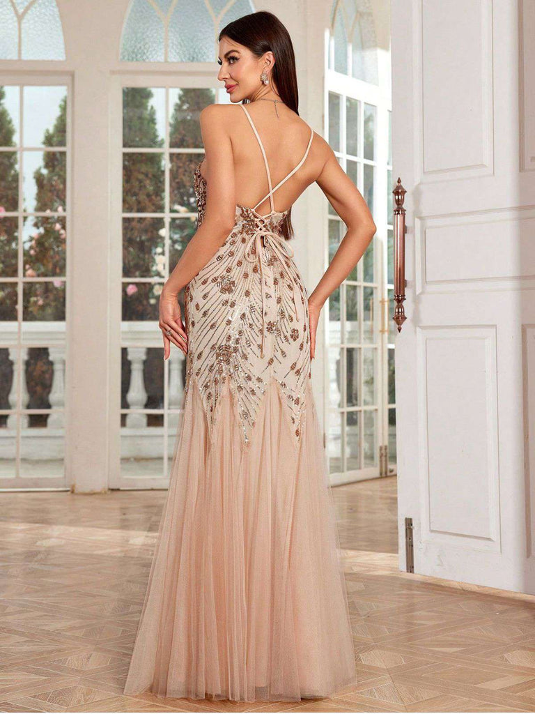 Beige 1920s Sequin Mesh Backless Mermaid Evening Dress - vintage dress, retro fashion, Gatsby party
