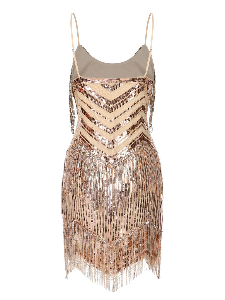 Beige 1920s Spaghetti Strap Fringe Sequins Party Dress - vintage dress, retro fashion, Gatsby party
