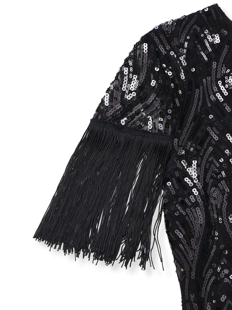 Black 1920s Flapper Tassel Fringe Great Gatsby Sequin Dress - vintage dress, retro fashion, Gatsby party