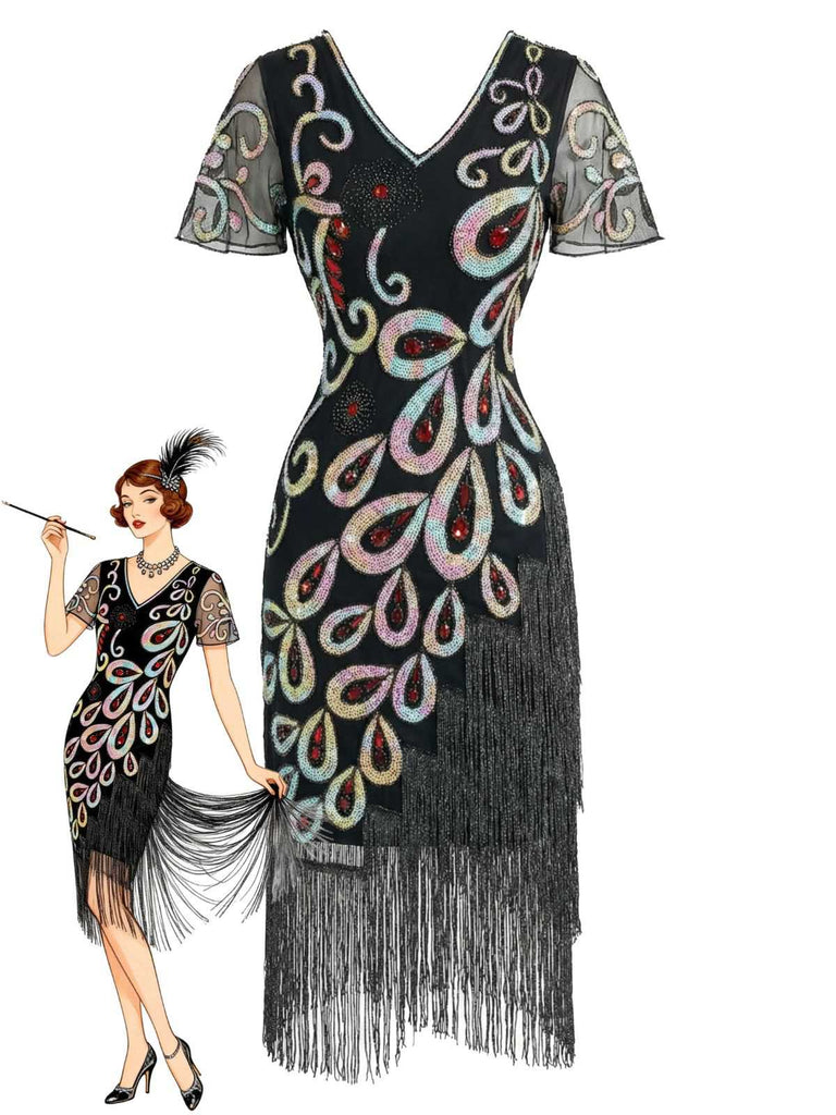 Black 1920s Peacock Sequin Beaded Fringe Flapper Dress - vintage dress, retro fashion, Gatsby party