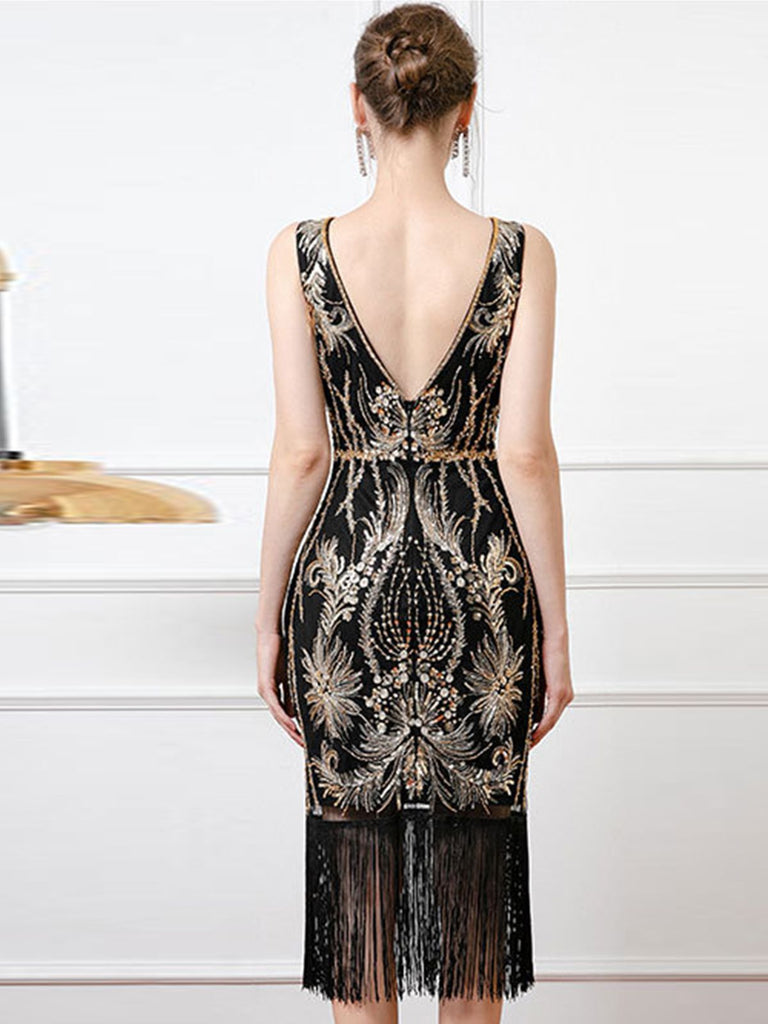 Black 1920s Sequined Flapper Backless Sleeveless Dress - vintage dress, retro fashion, Gatsby party