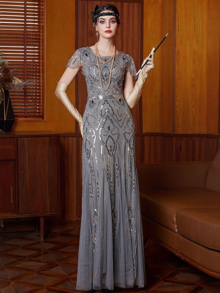 Gray 1920s Sequined Tulle Cap Sleeve Round Neck Dress - vintage dress, retro fashion, Gatsby party