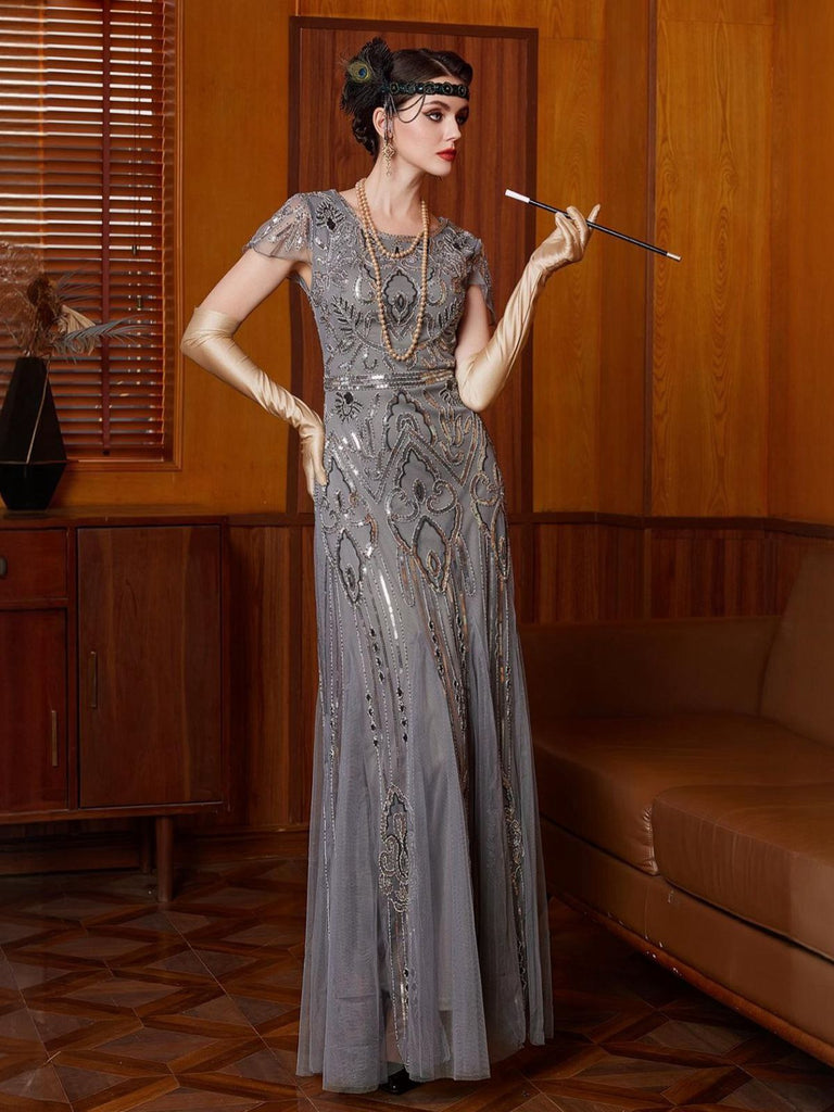 Gray 1920s Sequined Tulle Cap Sleeve Round Neck Dress - vintage dress, retro fashion, Gatsby party