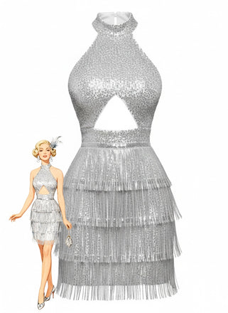 Silver 1920s Halter Sequin Fringe Cutout Party Dress - vintage dress, retro fashion, Gatsby party