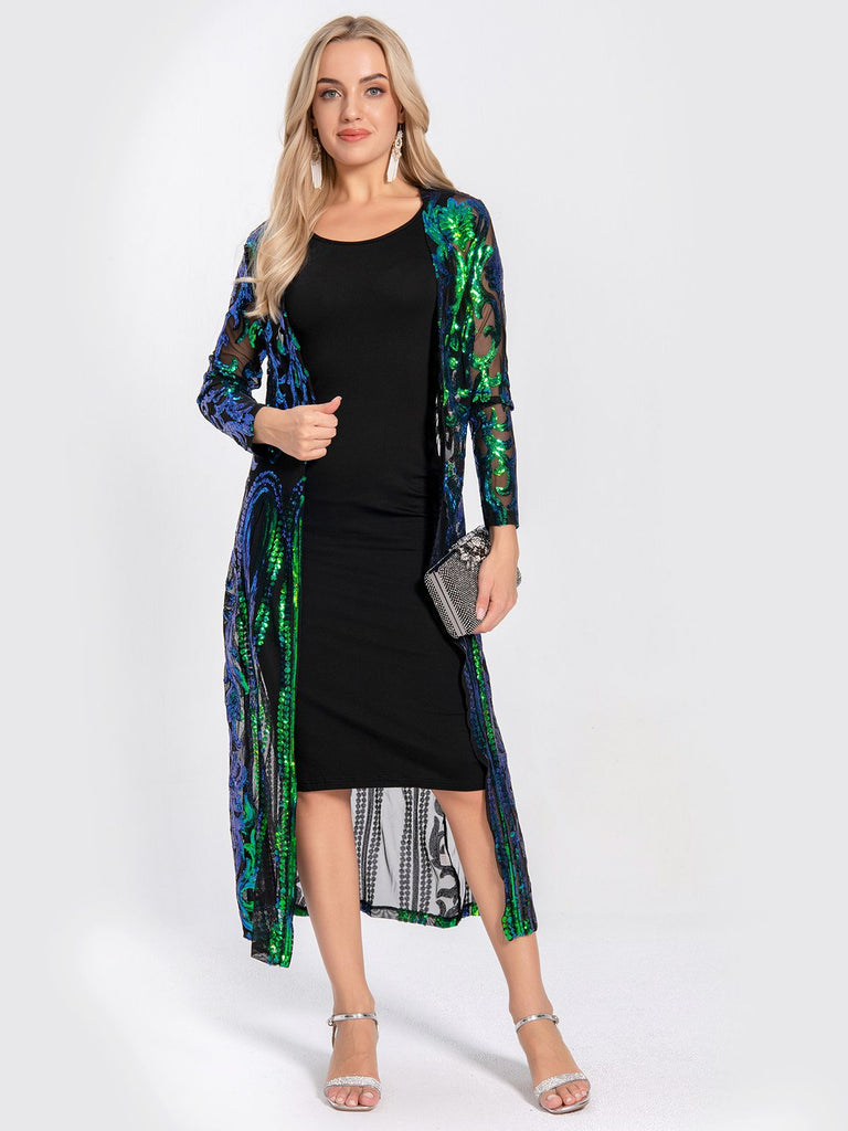 She finds her 1920s story in this 1920s Embroidered Long Sheer Sequin Cardigan