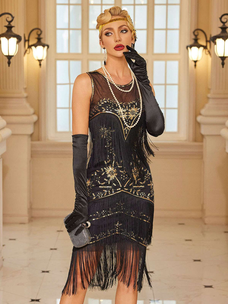 1920s Floral Pattern Mesh Sequined Tassel Dress — the kind of 1920s dress that makes strangers smile