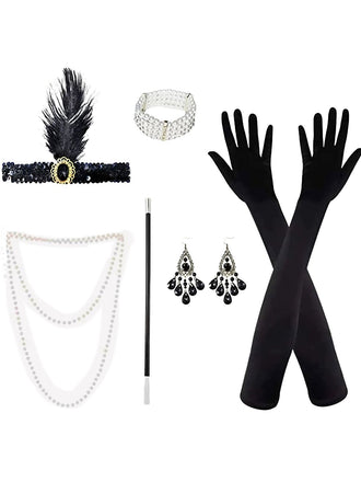 Gatsby 1920s Party Feather Headband & Pearl Necklace Set - vintage fashion, retro style