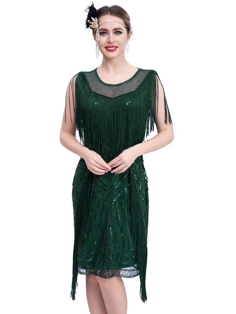 She slips into this 1920s Gatsby Sheer Neck Tassel Sequins Dress and suddenly it's a 1920s daydream